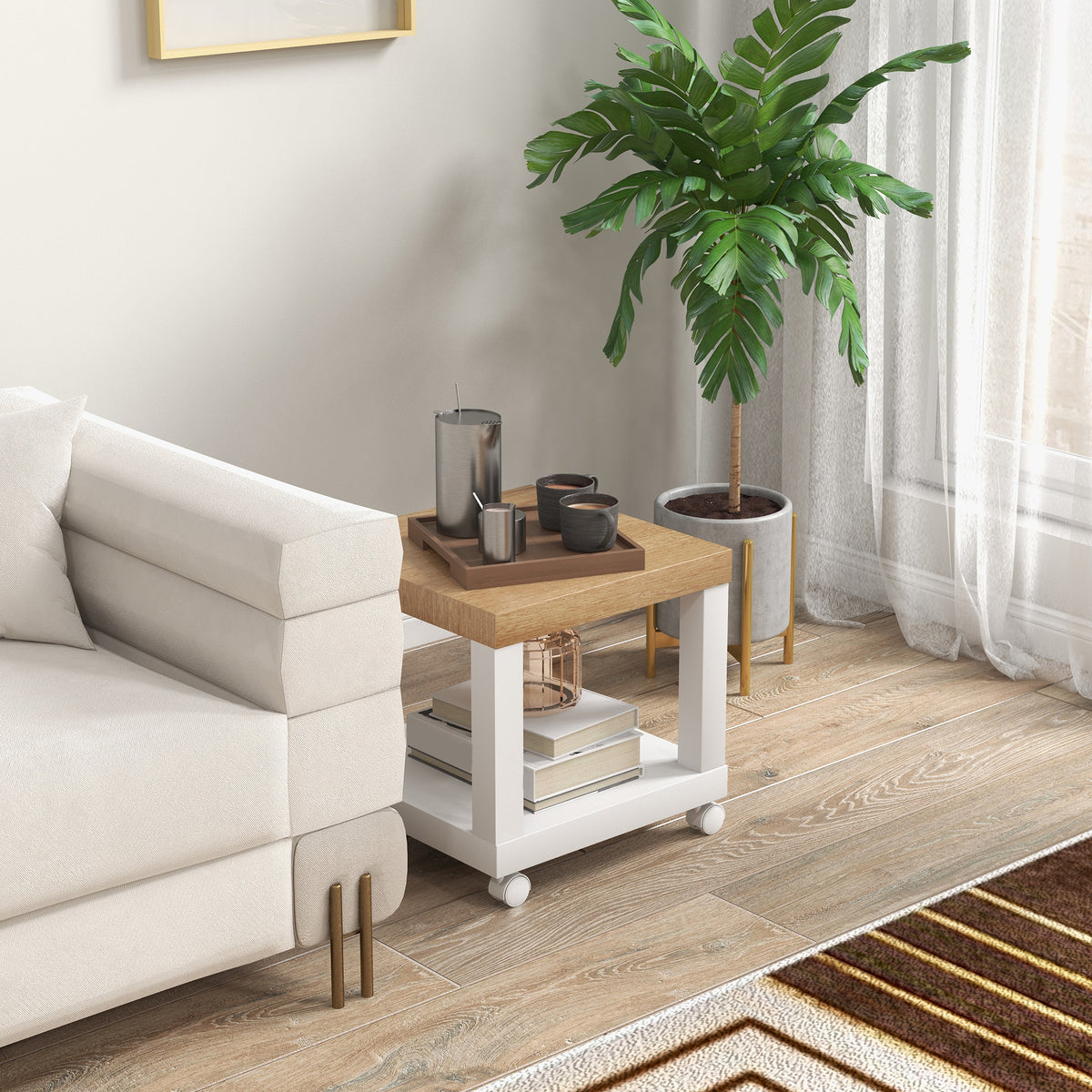 HOMCOM Coffee Table with Castors and Open Shelf, for Sofa, Bedroom or Living Room, 40x40x40 cm, Natural Wood and White