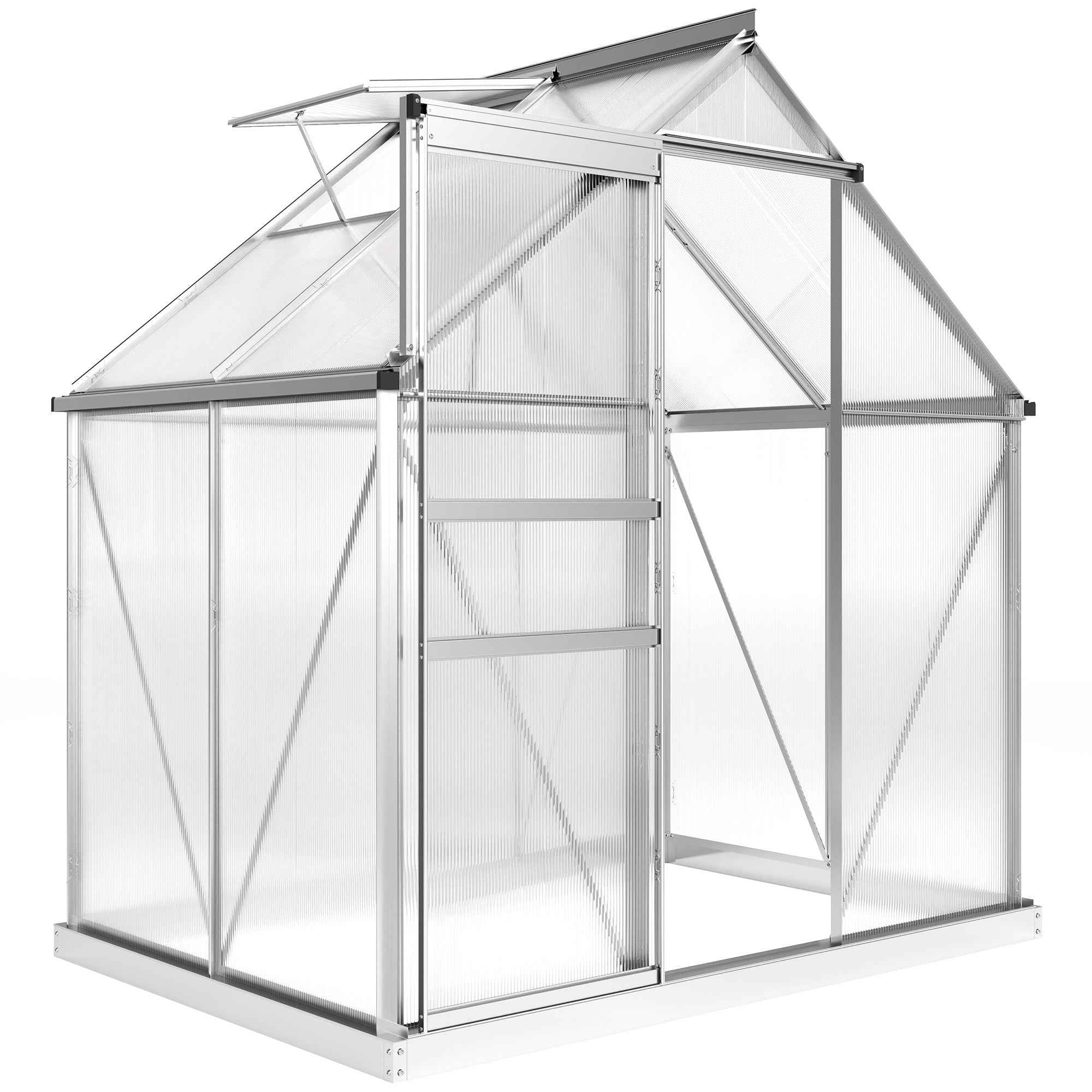 Outsunny Polycarbonate and Aluminum Greenhouse with Hinged Door and Roof Window, 192.5x131x200 cm, Silver