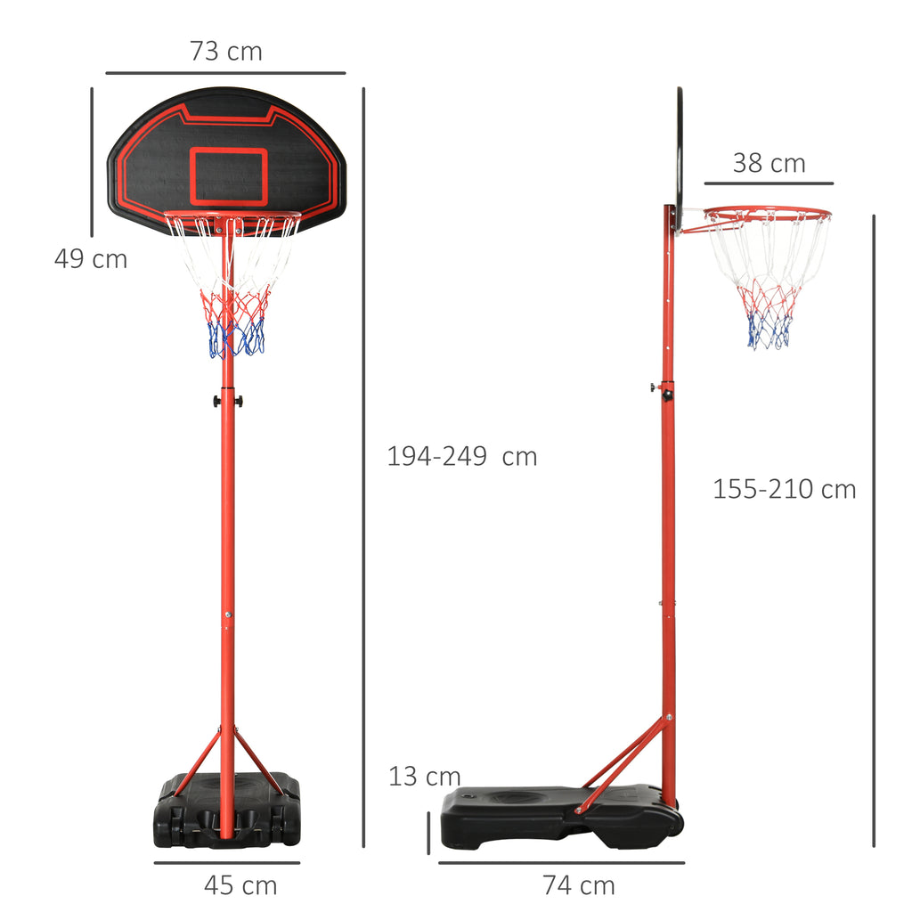 Portable Outdoor Basketball Hoop with Adjustable Height 193.5-248.5cm and Base to Fill with Water or Sand, Made of Steel and Nylon 73x49x194-249cm