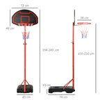 Portable Outdoor Basketball Hoop with Adjustable Height 193.5-248.5cm and Base to Fill with Water or Sand, Made of Steel and Nylon 73x49x194-249cm