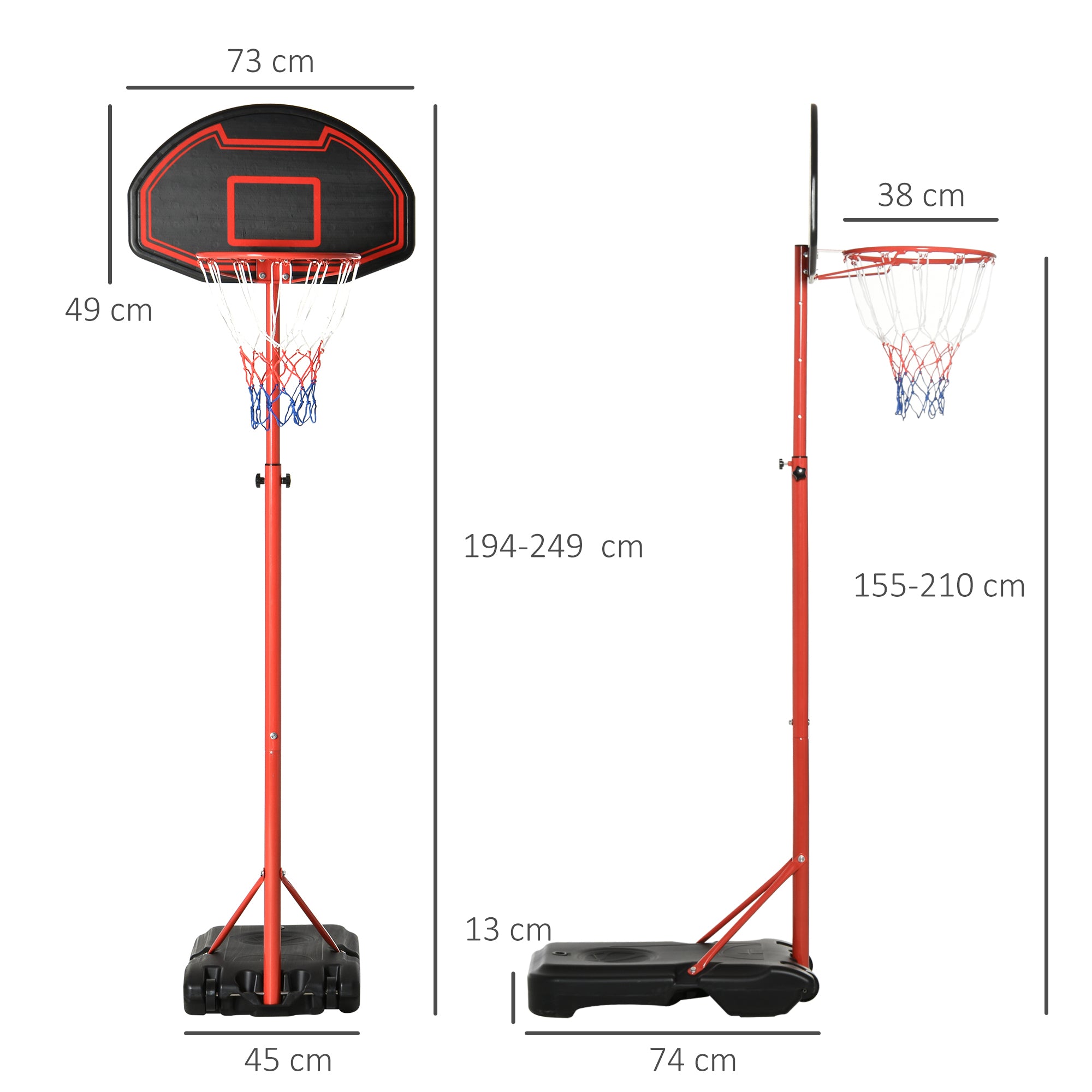 Portable Outdoor Basketball Hoop with Adjustable Height 193.5-248.5cm and Base to Fill with Water or Sand, Made of Steel and Nylon 73x49x194-249cm