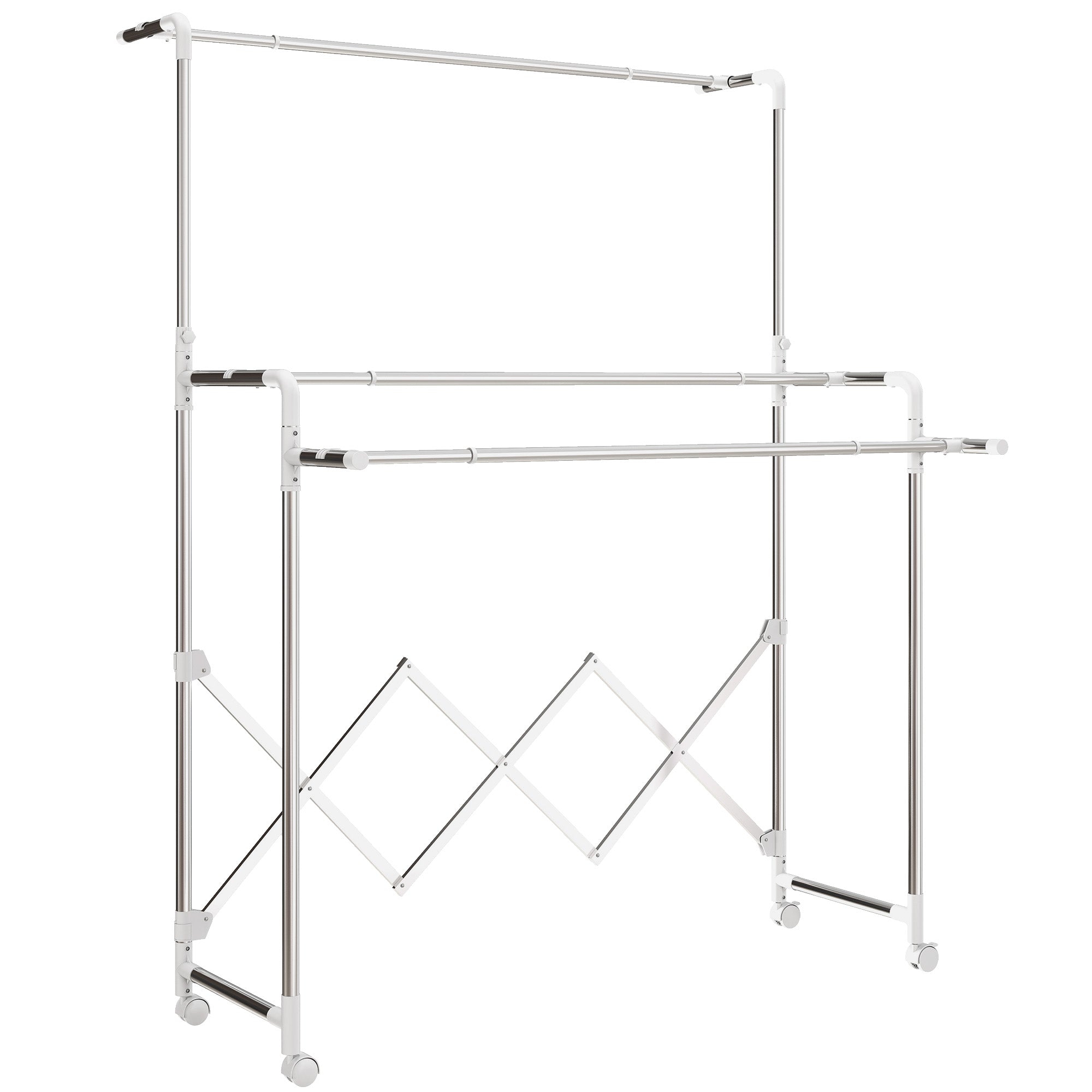 Folding Clothes Airer with 3 Adjustable Bars, Swivel Wheels and Stainless Steel Frame, Silver