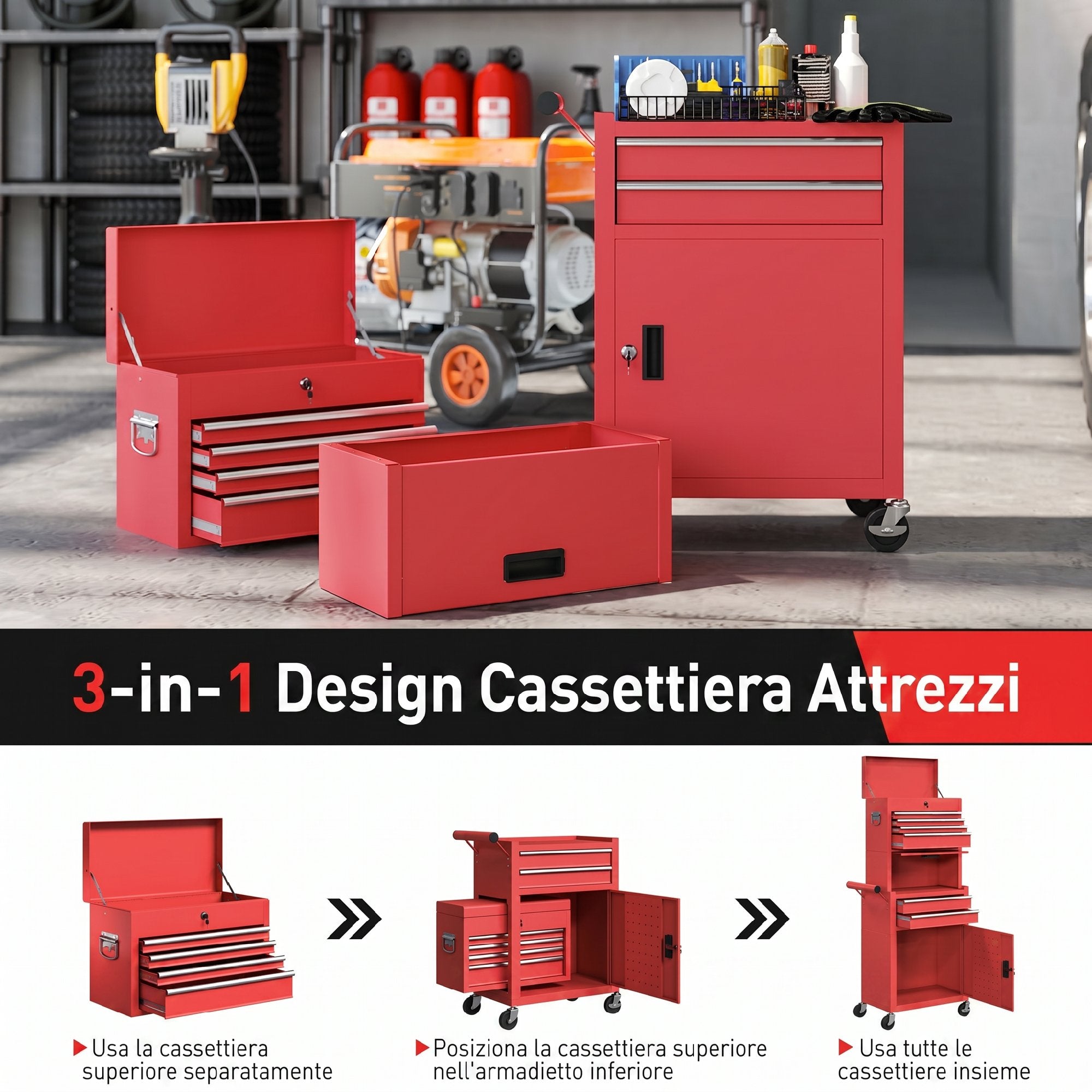 HOMCOM Steel Tool Cart with Lock, 6 Drawers, 2 Cabinets, Pegboard, Wheels and Handle, Red