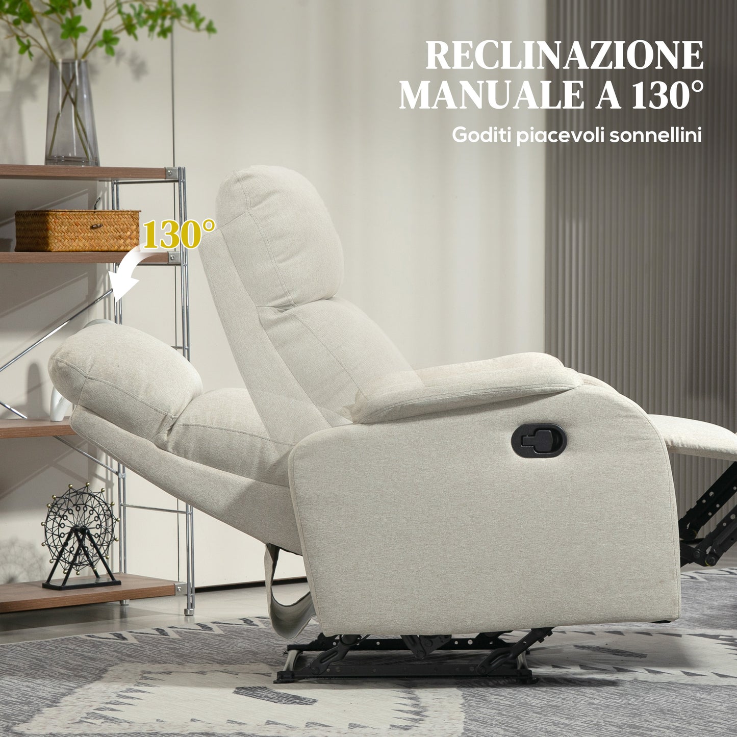 Manual Recliner Relax Armchair with Fabric Footrest and Thick Padding, Beige