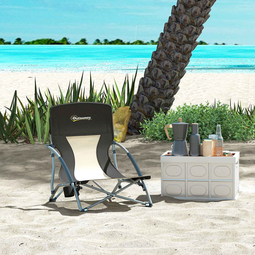 Outsunny Folding Beach Chair with Mesh Backrest and Cup Holder, Metal and Oxford Fabric, 58x55x62 cm, Black