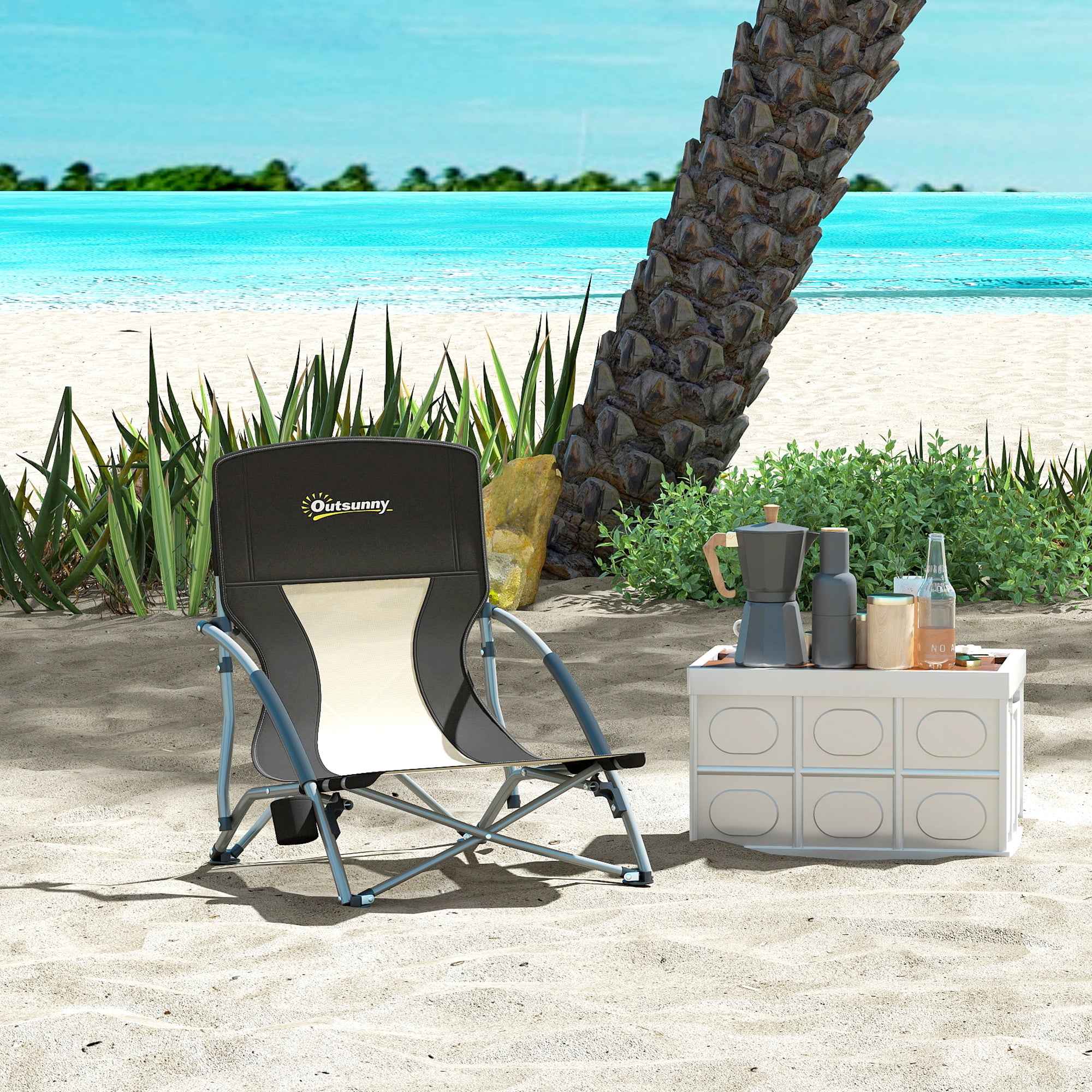 Outsunny Folding Beach Chair with Mesh Backrest and Cup Holder, Metal and Oxford Fabric, 58x55x62 cm, Black