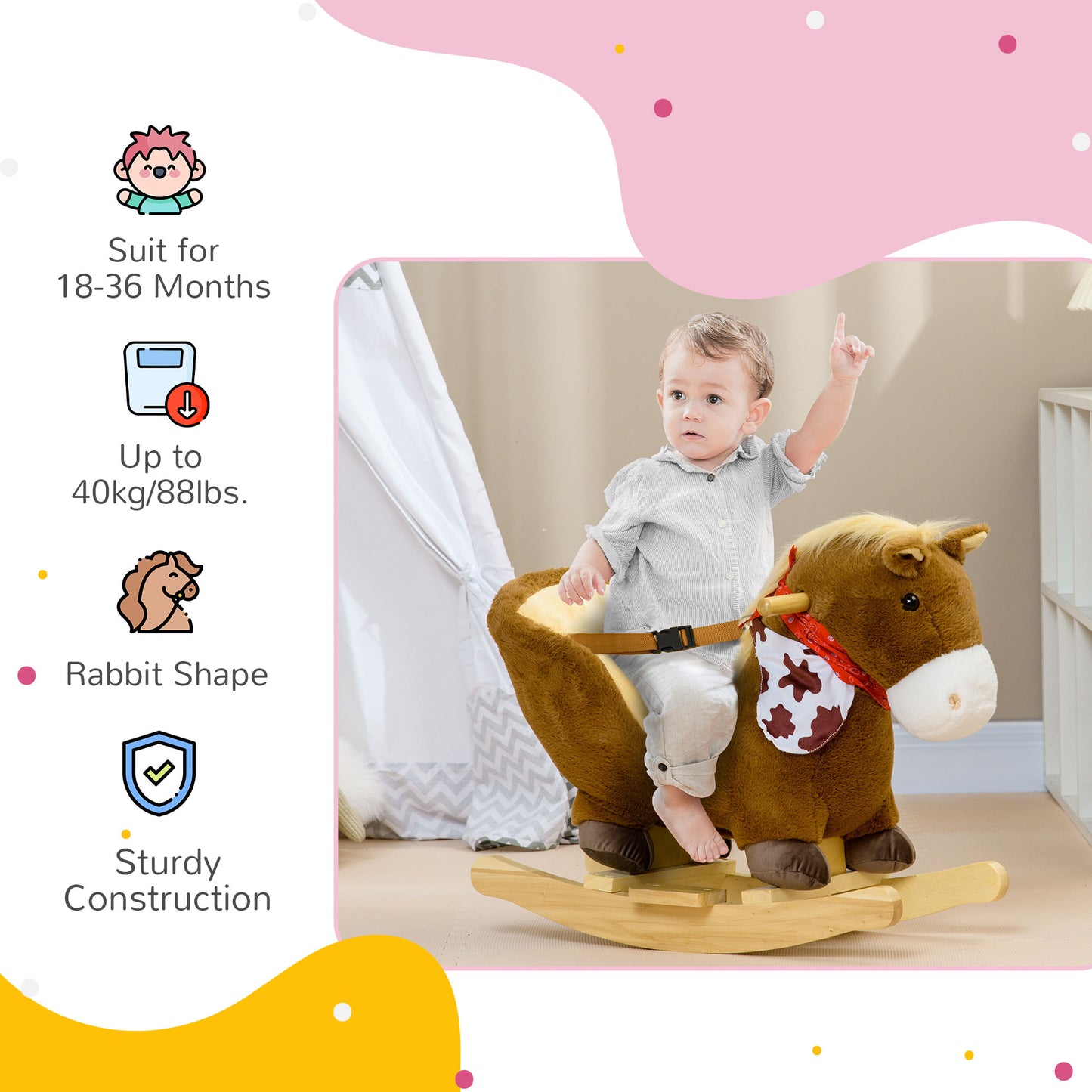 Rocking Horse for Children 18-36 Months with Realistic Sounds, 60x33x50 cm, Brown and Beige Colour - Borgè