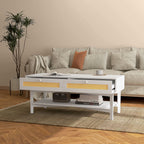Boho Coffee Table with 2 Drawers and Shelf, Rattan and Chipboard, 120x50x50 cm, White and Wood Color - Borgè