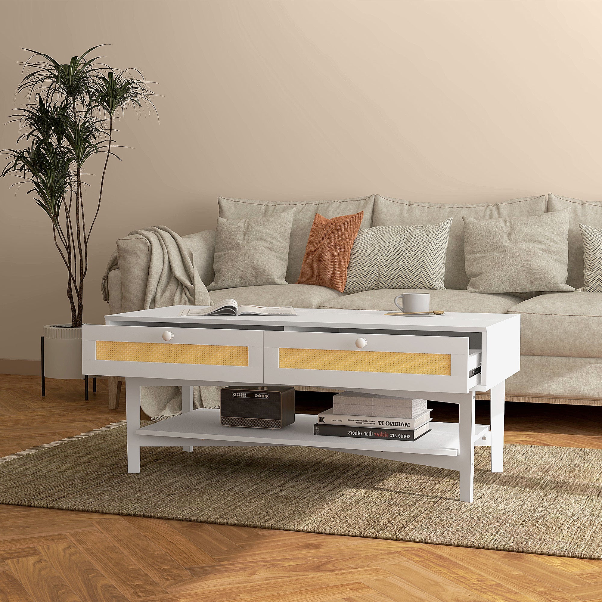 Boho Coffee Table with 2 Drawers and Shelf, Rattan and Chipboard, 120x50x50 cm, White and Wood Color - Borgè