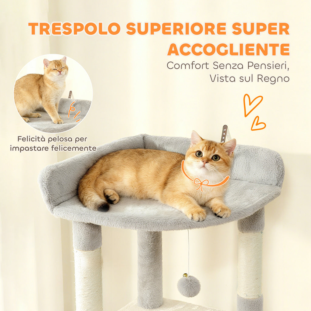 Cat Tree with 2 Houses, Hammock, Tunnel, and Bed, Sisal Poles, 60x40x170 cm, Grey