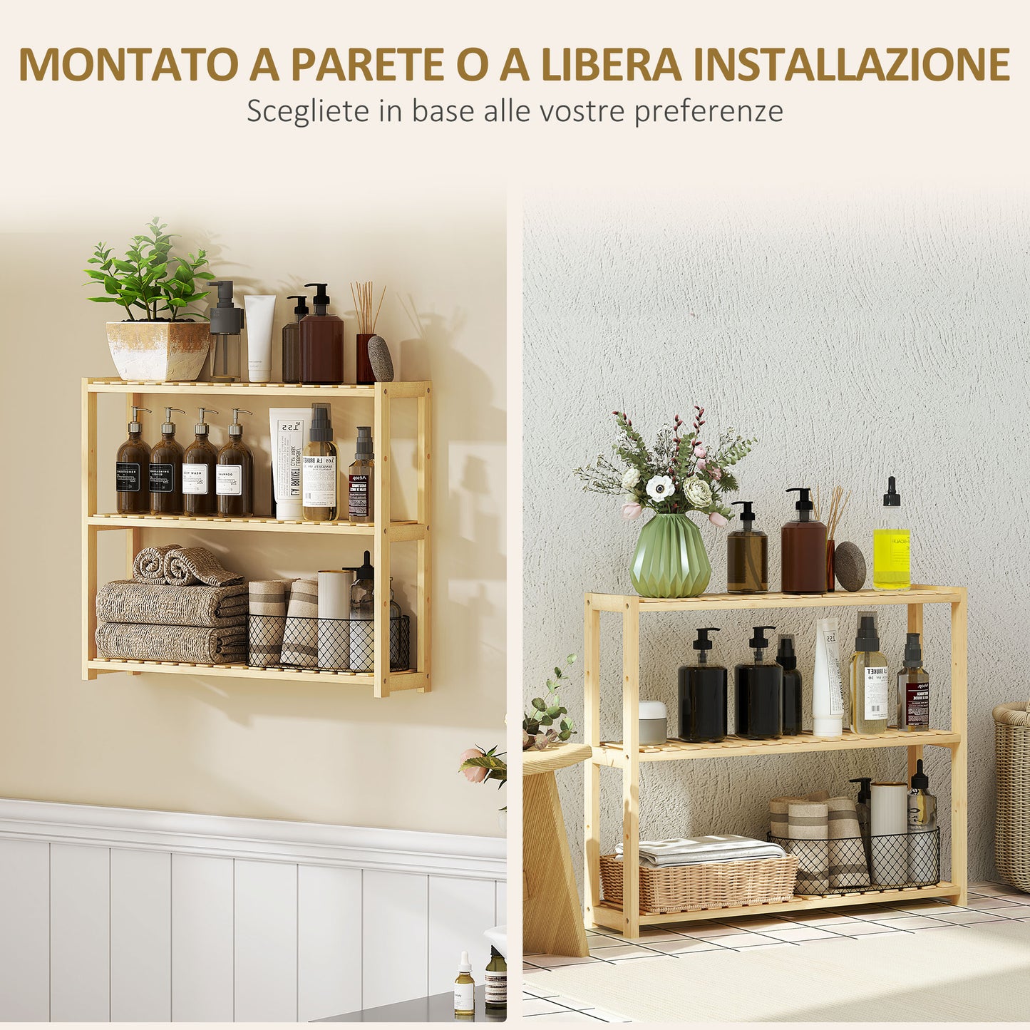 Bathroom Shelf with 3 Shelves Adjustable in 5 Positions, in Bamboo, 60x15x50 cm, color Wood