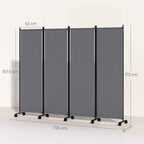 Outsunny 4-Panel Folding Indoor and Outdoor Screen with Wheels, 221 x 50 x 172 cm, Dark Grey