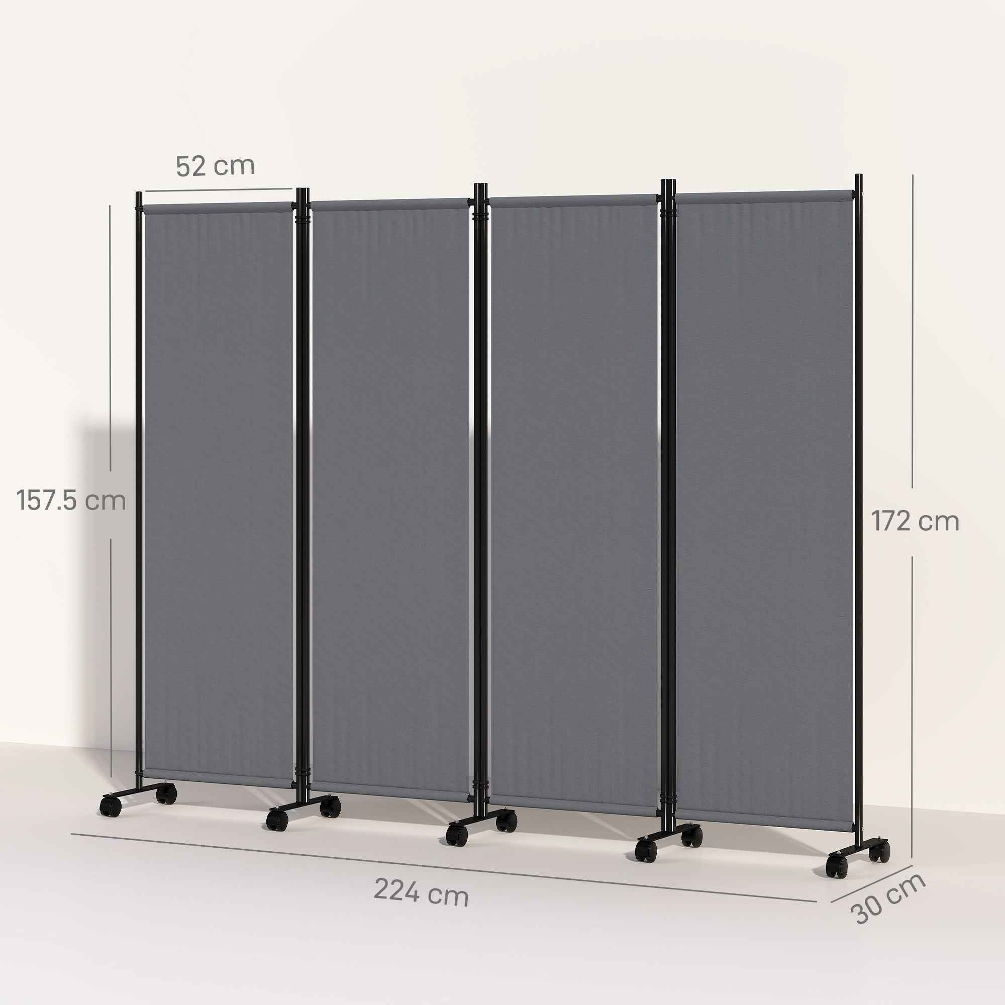 Outsunny 4-Panel Folding Indoor and Outdoor Screen with Wheels, 221 x 50 x 172 cm, Dark Grey