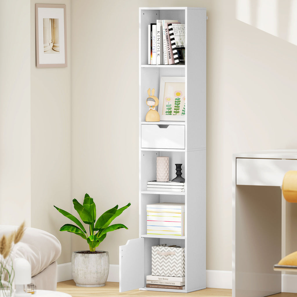 4-Tier Open Bookcase with Cabinet and Drawer, 30x24x158 cm, White Wood