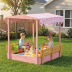 andpit for Children 3-6 Years with Flamingo Canopy, Folding Seats, Lid and Cover Included, Children's Sandpit in Fir Wood, 134.5x127.5x130 cm, Pink