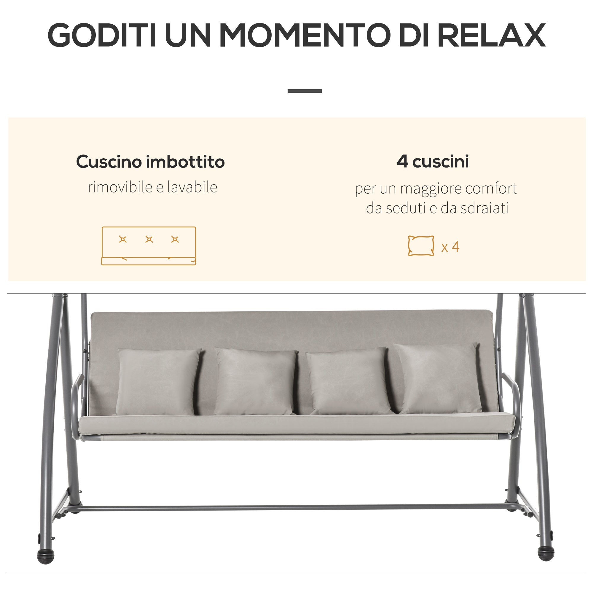 2-in-1 Outdoor Swing for 3 People Convertible to a Bed with Canopy, 218x120x168cm, Light Khaki