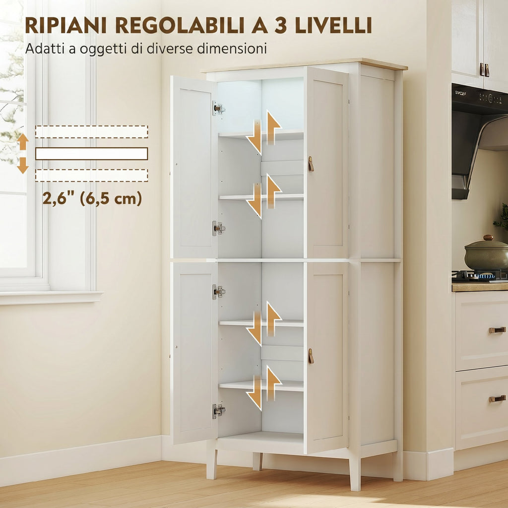 HOMCOM 177cm Tall Kitchen Sideboard, Kitchen Cabinet with LED Light, 3-Color Dimmable, Adjustable Shelves, White
