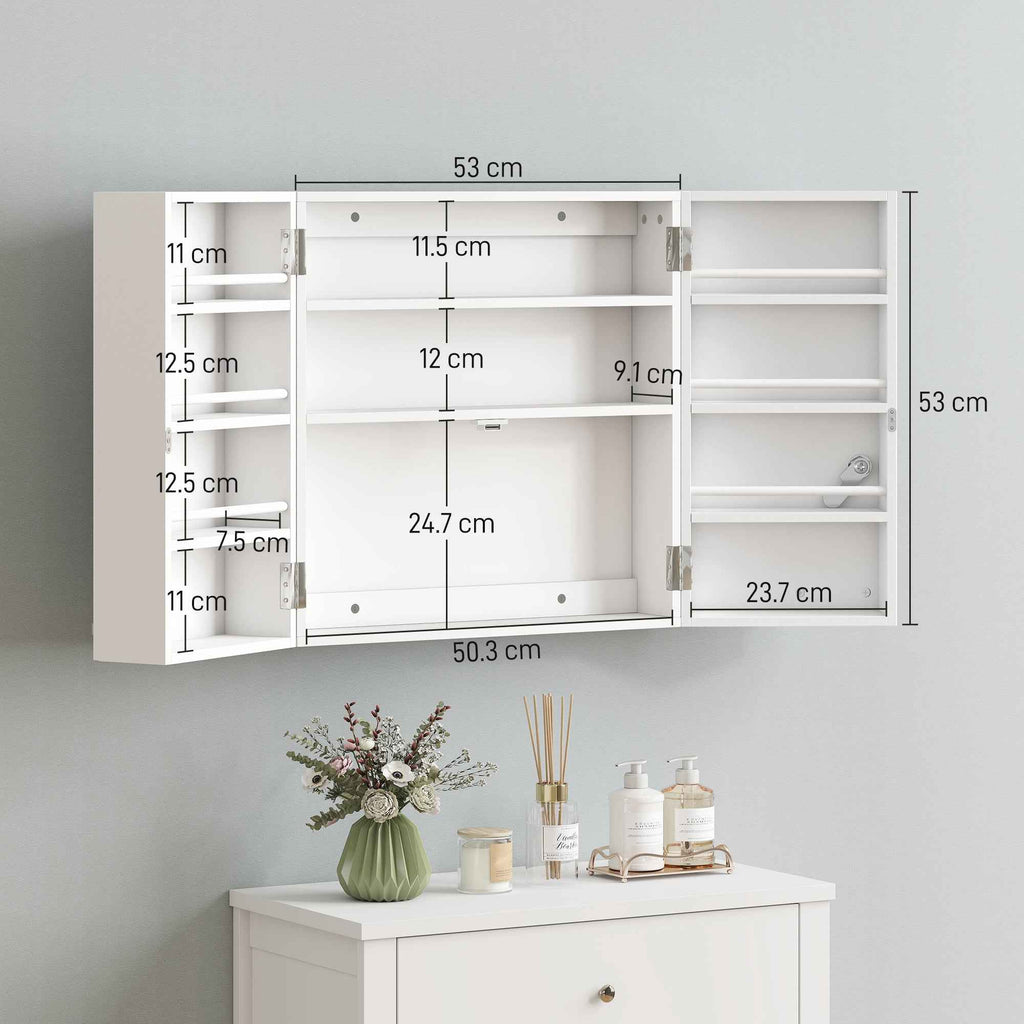 HOMCOM Medicine Cabinet with 3 Internal Shelves and 8 Bottle Holders, Made of Wood and Metal, 53x20x53 cm, White