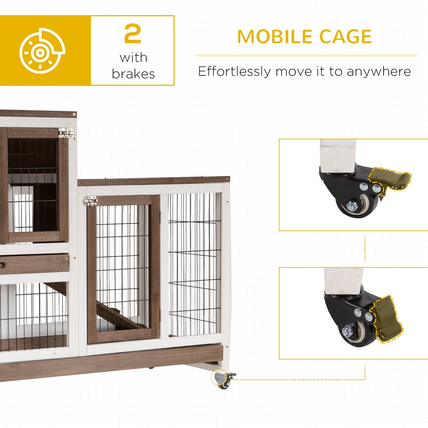 PawHut Wooden Hutch with Wheels, Removable Trays and House, 110x50x86cm, Brown and White - Borgè