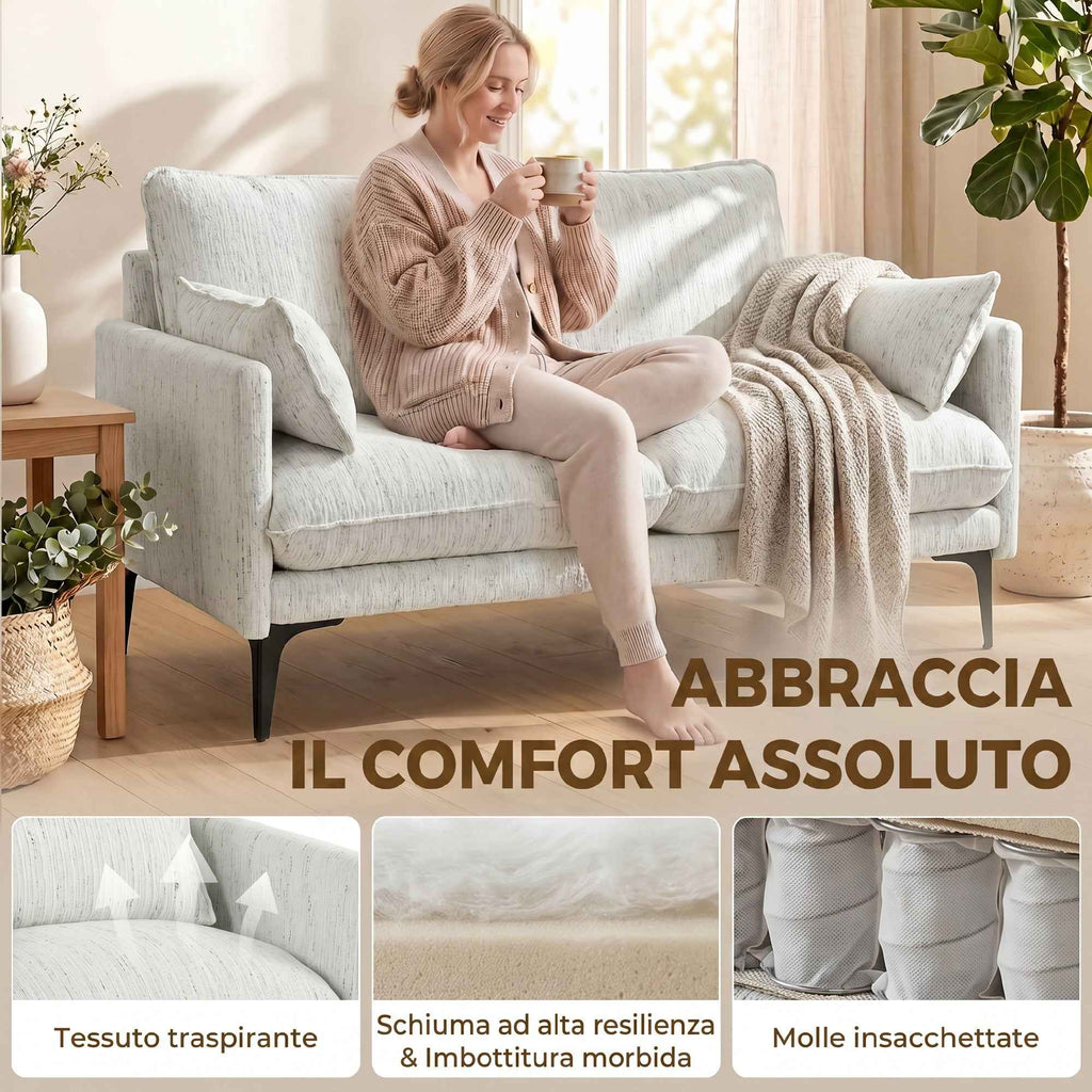 HOMCOM 2-Seater Fabric Sofa with Armrests, Thick Padding and 2 Cushions, 131x78x83 cm, White