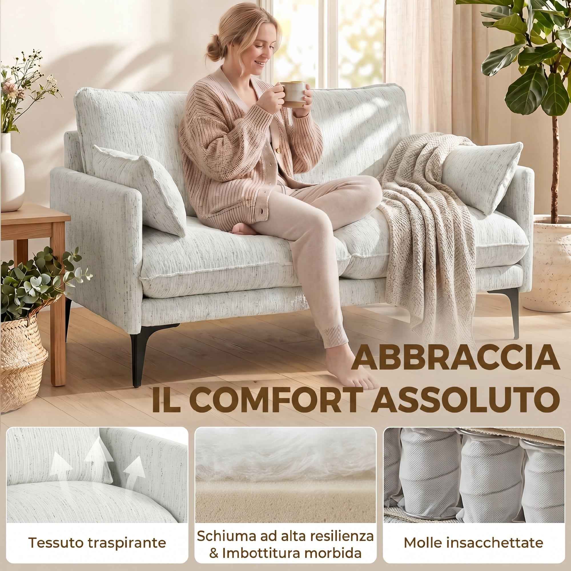 HOMCOM 2-Seater Fabric Sofa with Armrests, Thick Padding and 2 Cushions, 131x78x83 cm, White