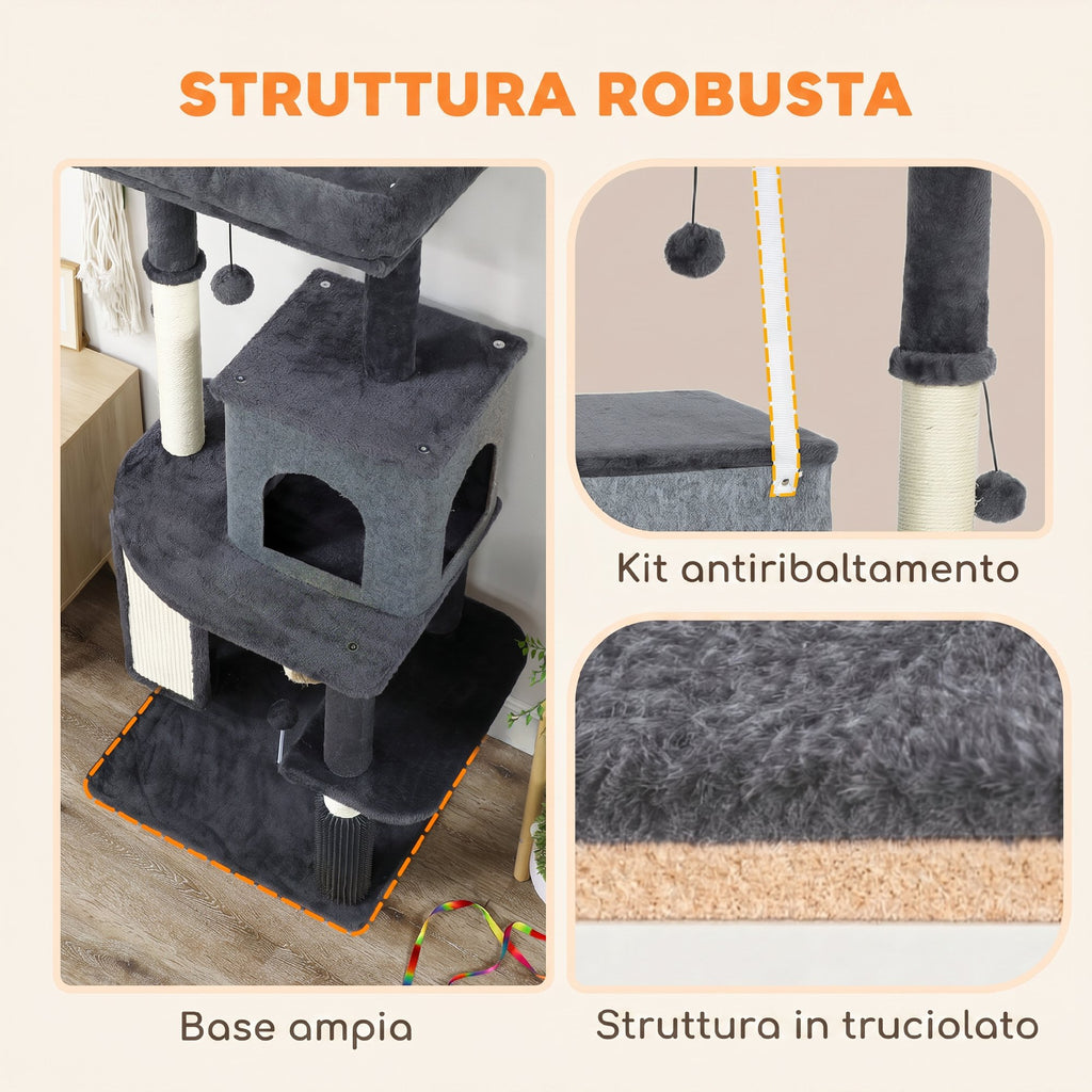 PawHut Multi-Level Cat Tree, 132 cm Tall, with House, Bed, Scratching Posts, Brush and Ball, Dark Grey