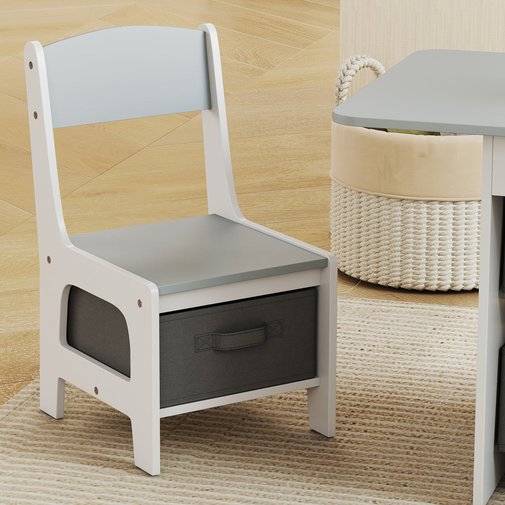 Children's Table and Chair Set for 3-8 Years Old with 6 Drawers and Rounded Edges, in Wood and Fabric, Grey and White