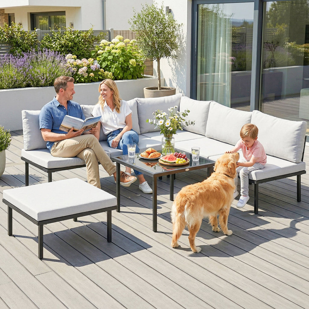 Outsunny 6-Person Metal Garden Furniture Set, Corner Sofa with Cushions, Light Grey