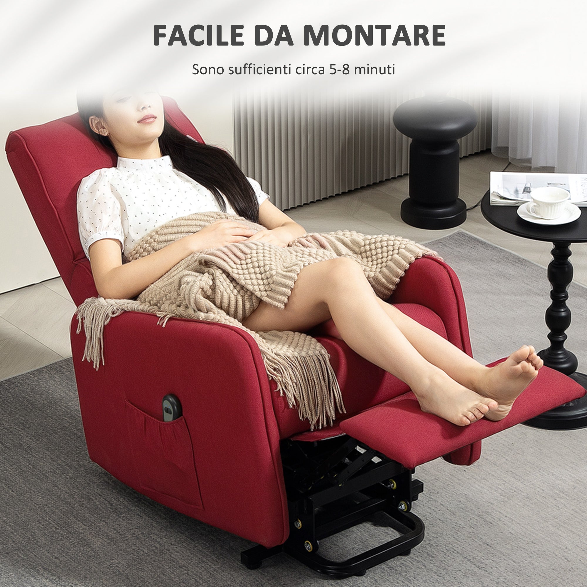 Electric Lifting Armchair with Remote Control and Fabric Pocket, Red