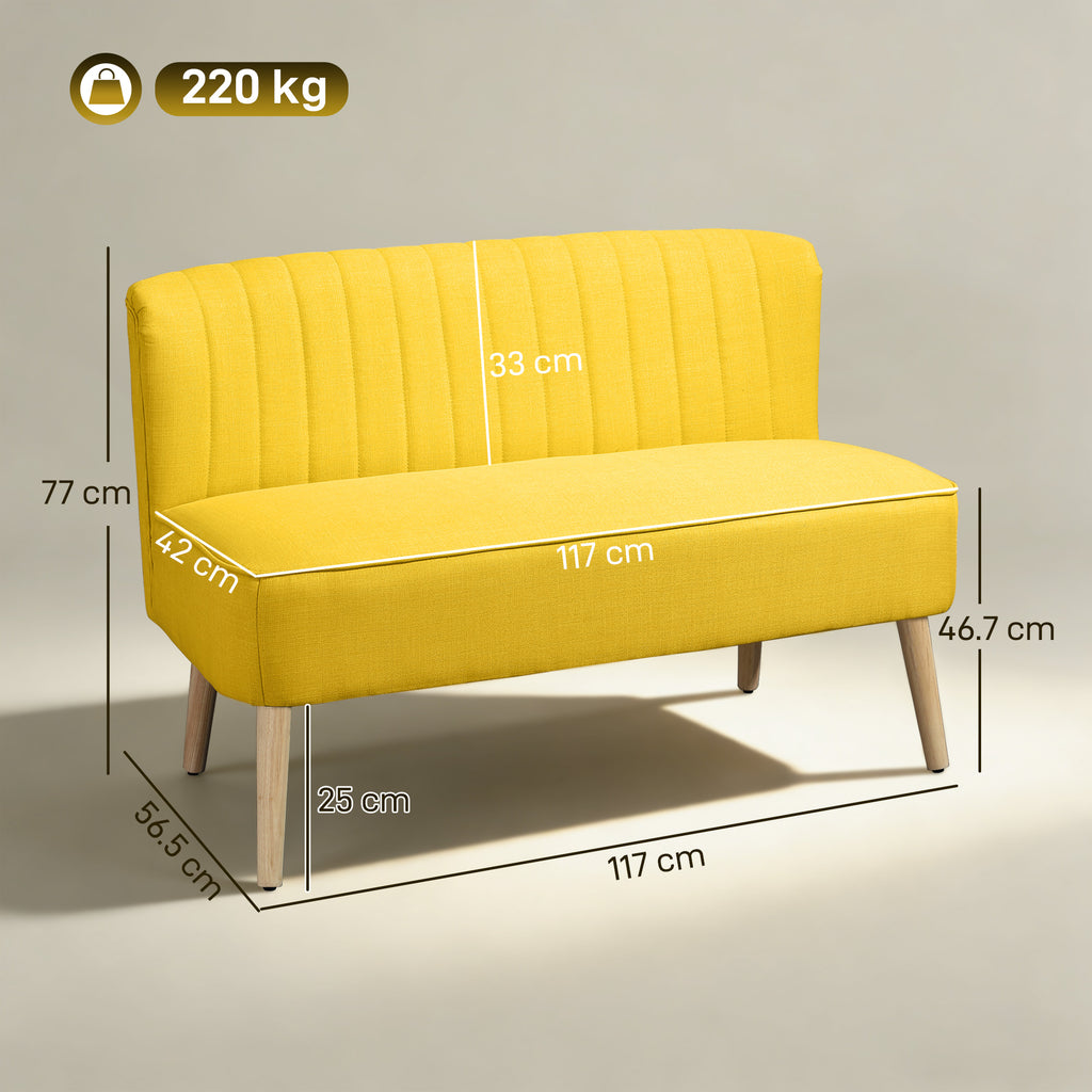 2-Seater Sofa in Linen-Effect Fabric without Armrests with Wooden Legs, 117x56.5x77 cm, Yellow