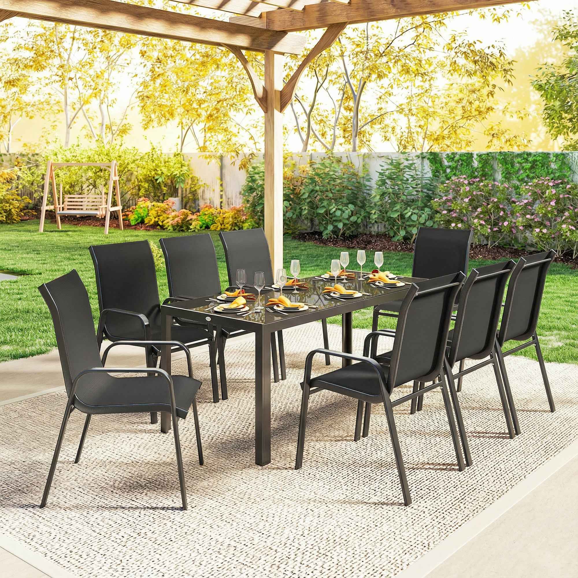 Outsunny 9-Piece Outdoor Set with 8 Stackable Texteline Chairs and Glass-Top Coffee Table, Black