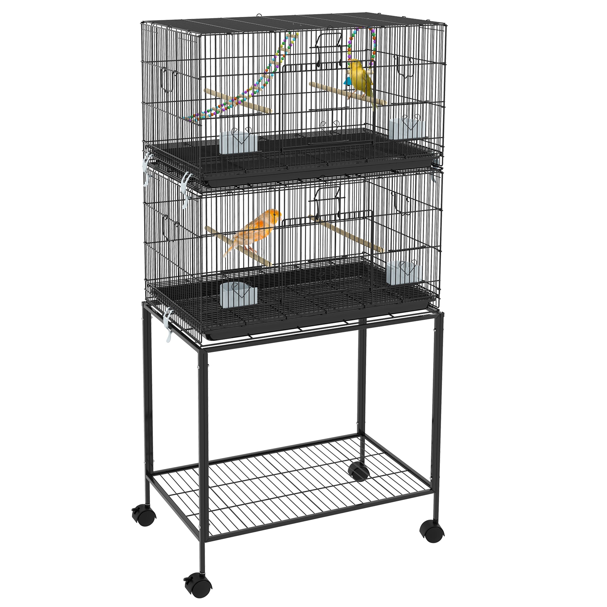 Bird Cage in Steel and PP, Stacked Design with Perches, Swings and Ladders, 77x46x164 cm, Black