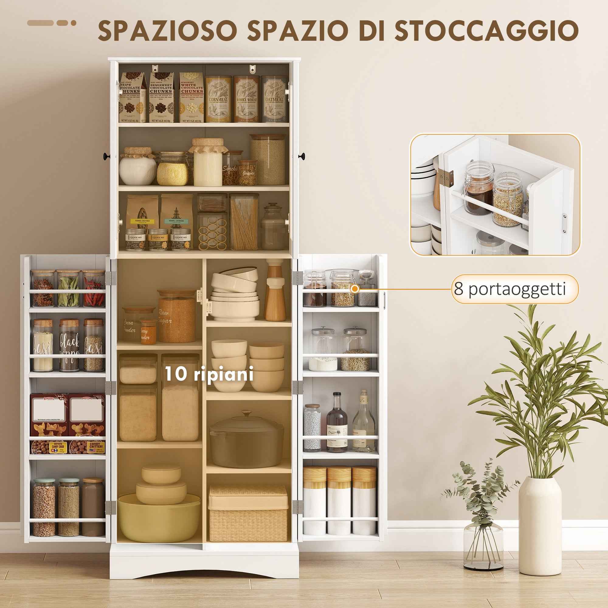 HOMCOM Kitchen Cabinet with Doors, Cupboards and Silent-Closing Hinges, Wooden, 60x40x162 cm, White