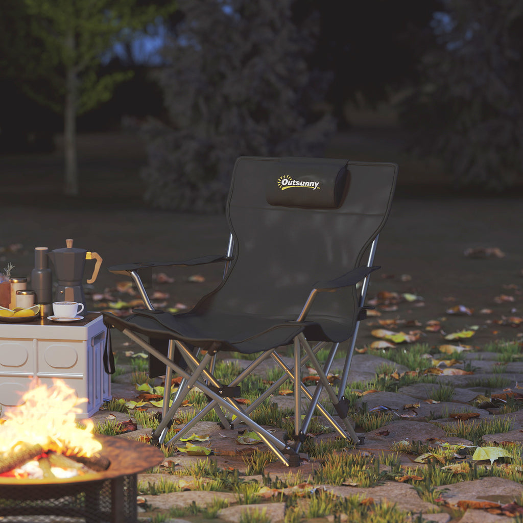 Folding and Reclining Camping Chair with Removable Footrest, Headrest and Cup Holder, Black