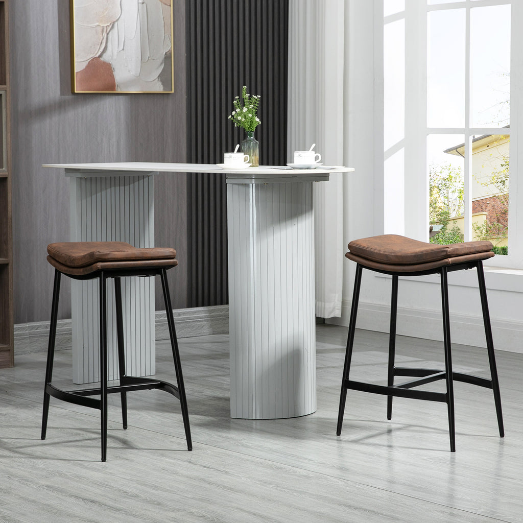 Set of 2 Industrial Style Bar Stools with Footrest, Faux Leather, 48.5 x 38.5 x 68.5 cm, Black and Brown