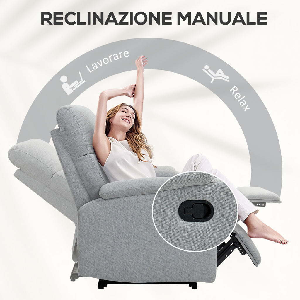 Manually Reclining Armchair at 60° Extra Padded in Fabric with Footrest, Gray