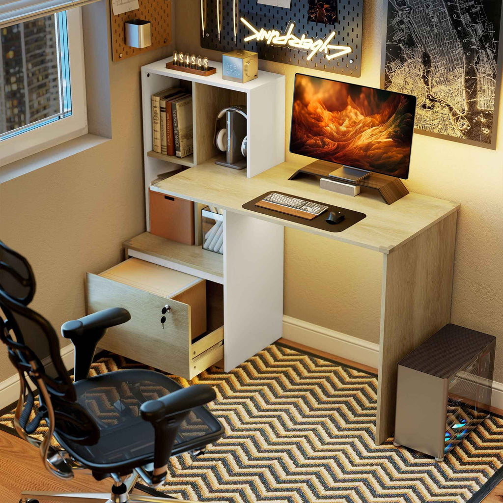 HOMCOM Desk with Bookcase, A4 Drawer, Letter Size, Legal Lock and 2 Keys, Space-Saving Desk, 126x50x109 cm, White