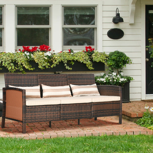 3-Seater Outdoor Sofa in PE Rattan with Padded and Removable Cushions, 173x68x78 cm, Brown