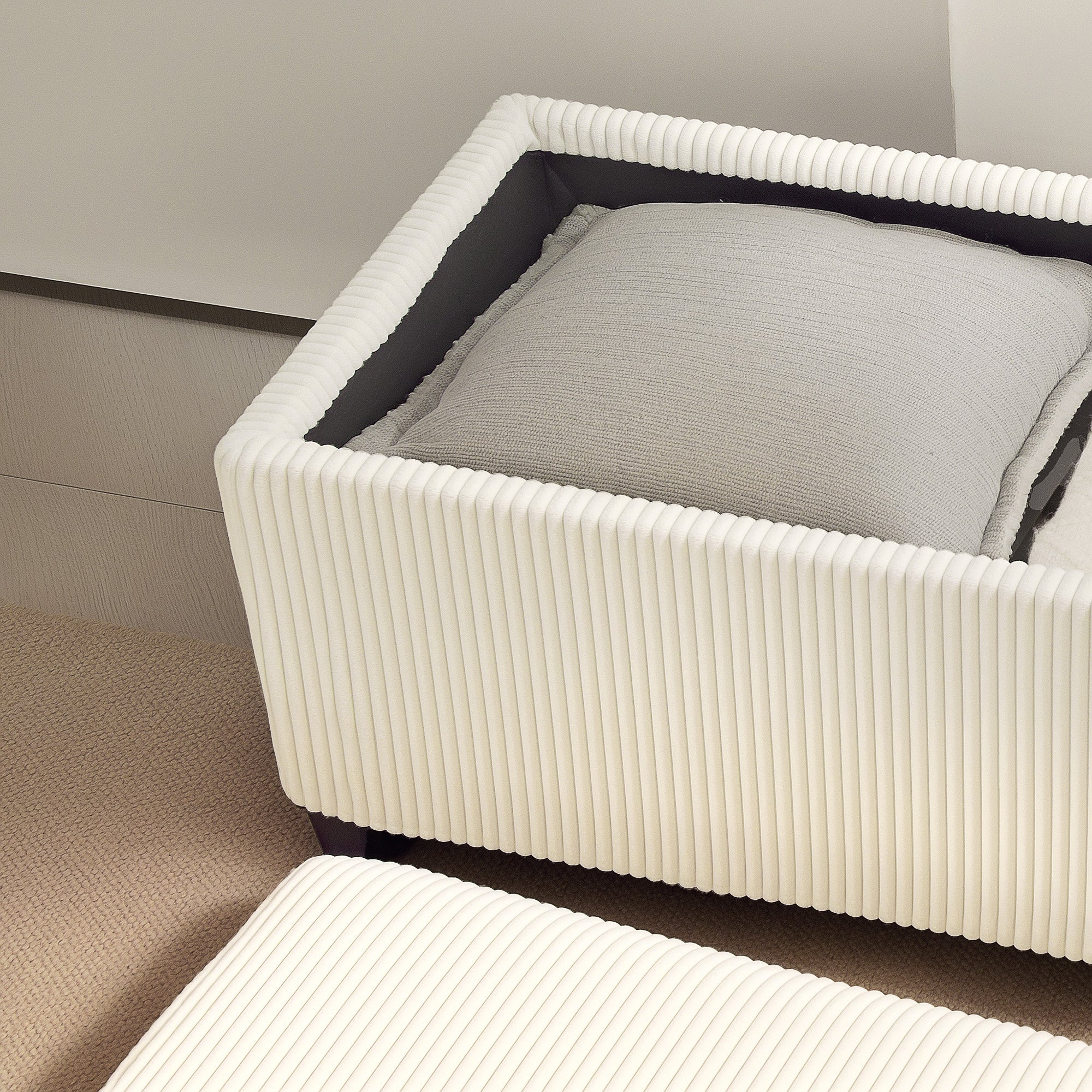 Bedside Bench with 84L Storage Space, Corduroy Effect Fabric and Steel, 112x42x40 cm, Beige