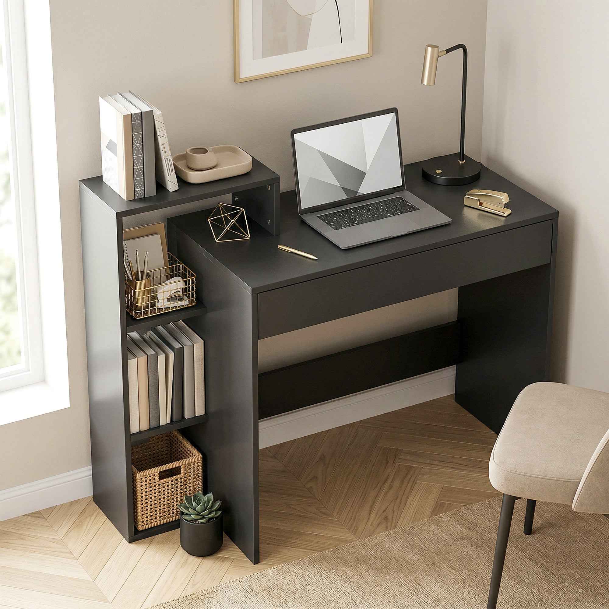 HOMCOM Modern PC Desk with 3 Open Shelves and Drawer, Black Wood, 100x40x90 cm