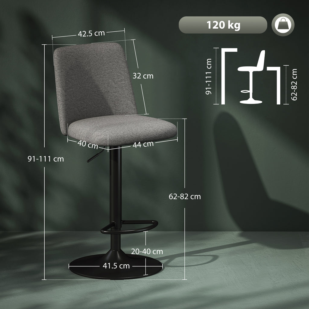 Set of 2 Swivel Bar Stools with Adjustable Height, in Linen Effect Fabric, 44x53x91-111 cm, Dark Grey