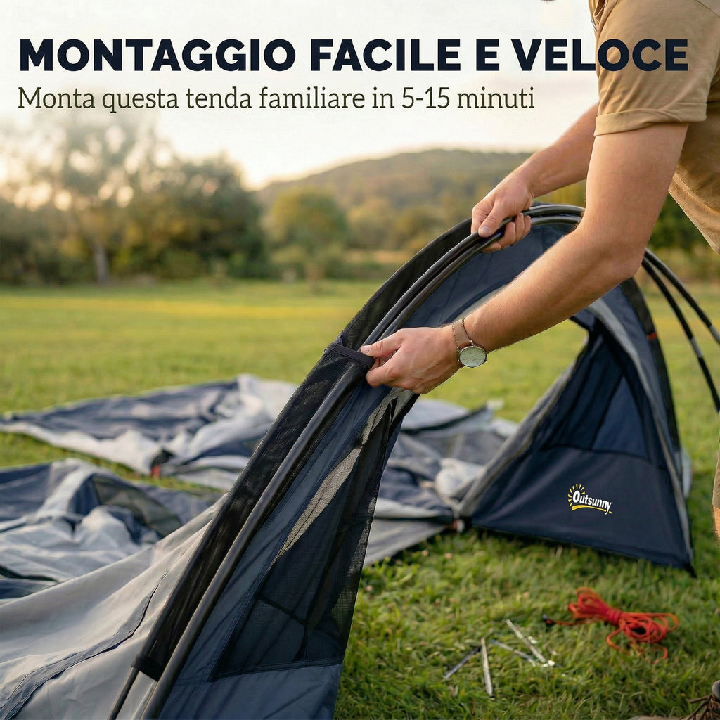 Outsunny 2-4 Person Tunnel Tent, Bedroom, Living Area, Waterproof, Navy Blue
