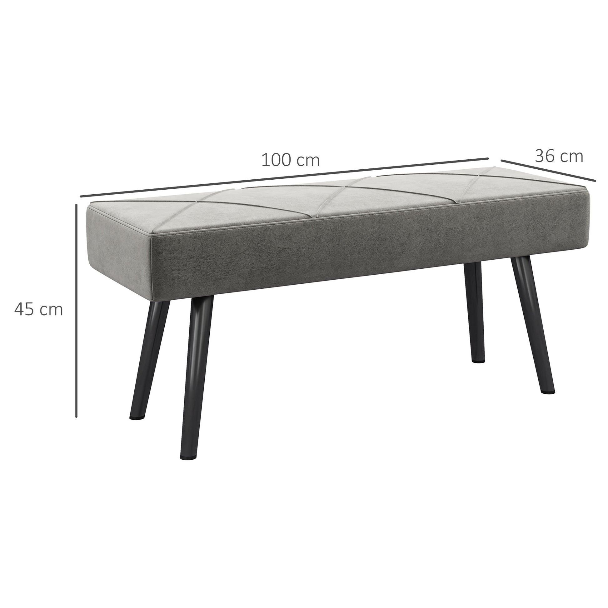 Velvet Upholstered Bench with Steel Legs, 100x36x45cm, Grey - Borgè