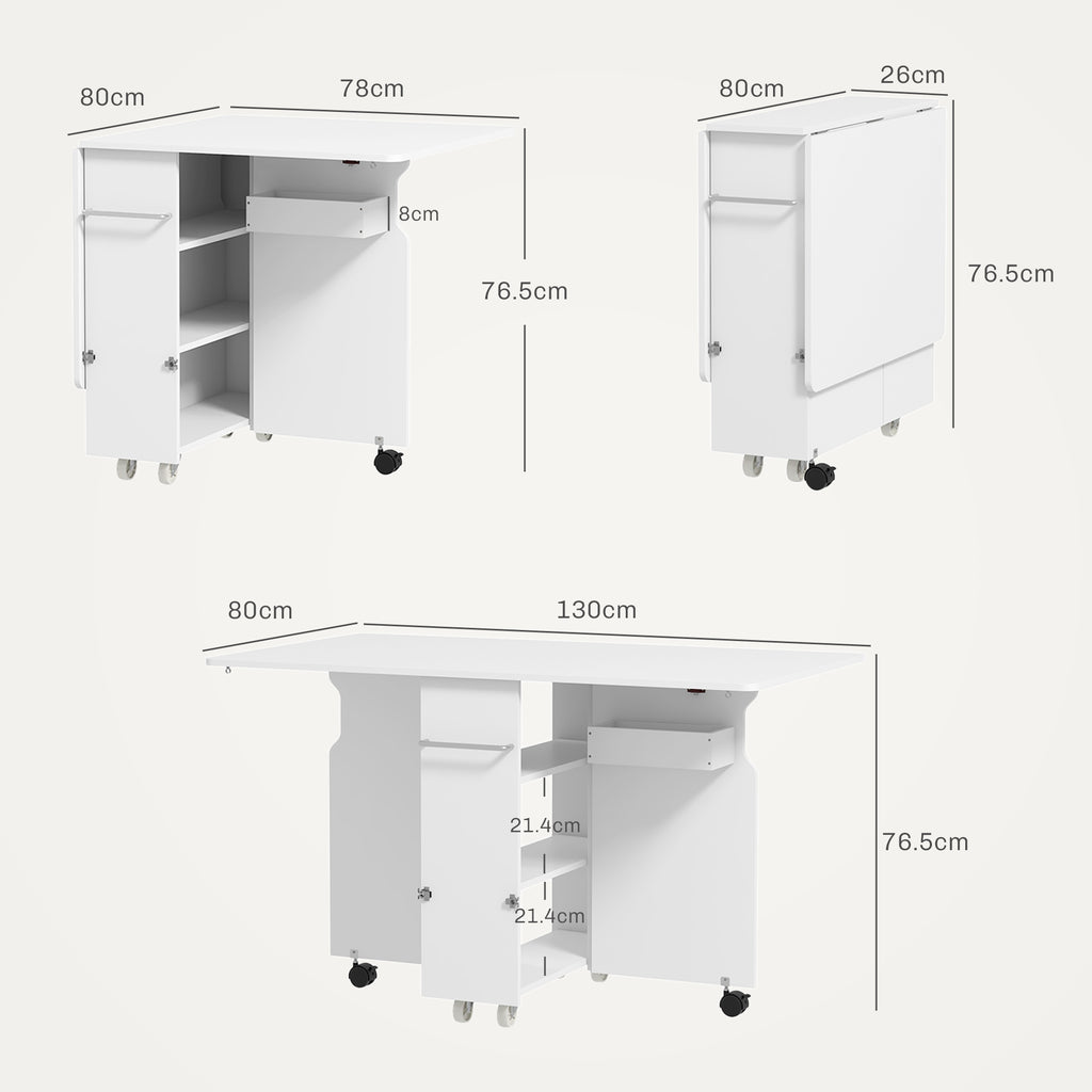 HOMCOM Folding Leaf Table with 3-Level Shelves, Box and Wheels, in MDF, 130x80x76.5 cm, White - Borgè