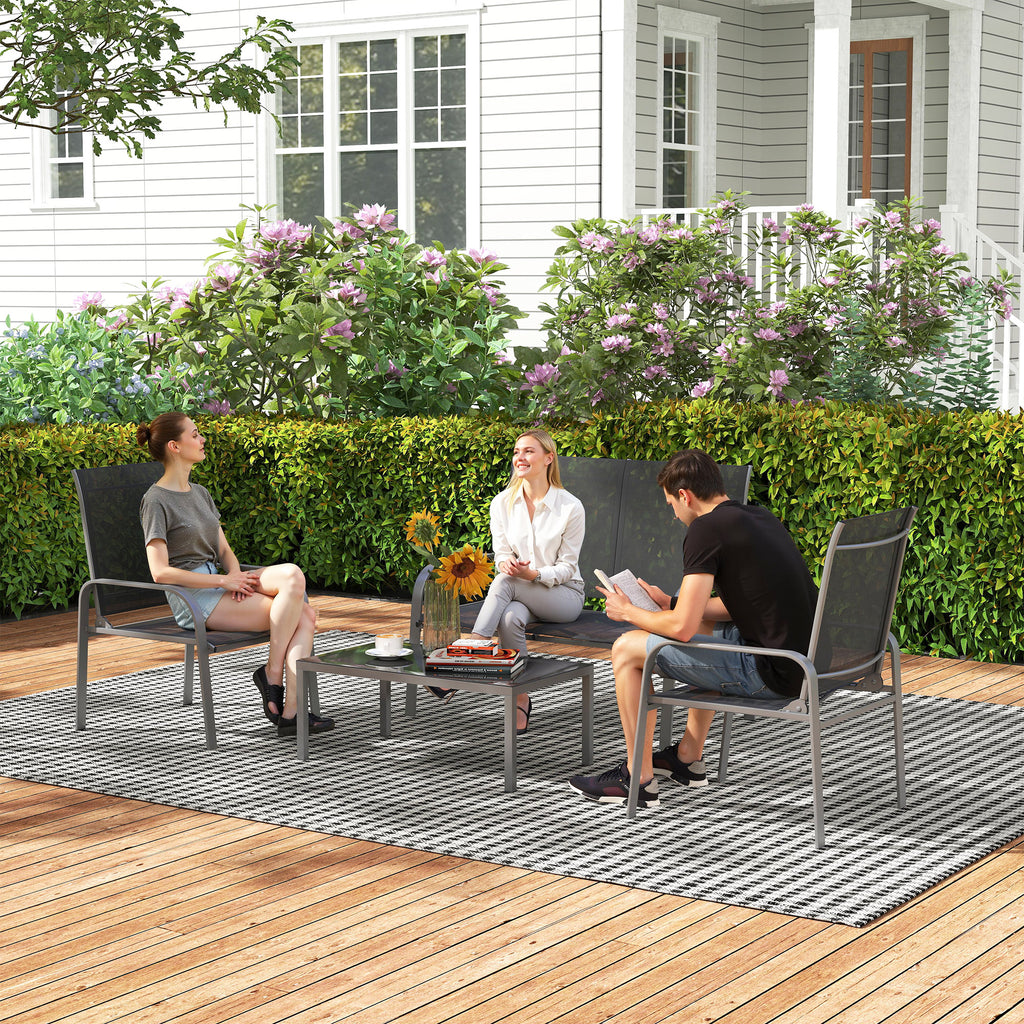 4-Piece Outdoor Set with Coffee Table, 2 Chairs and Sofa with Adjustable Backrest, in Steel and Black Textilene