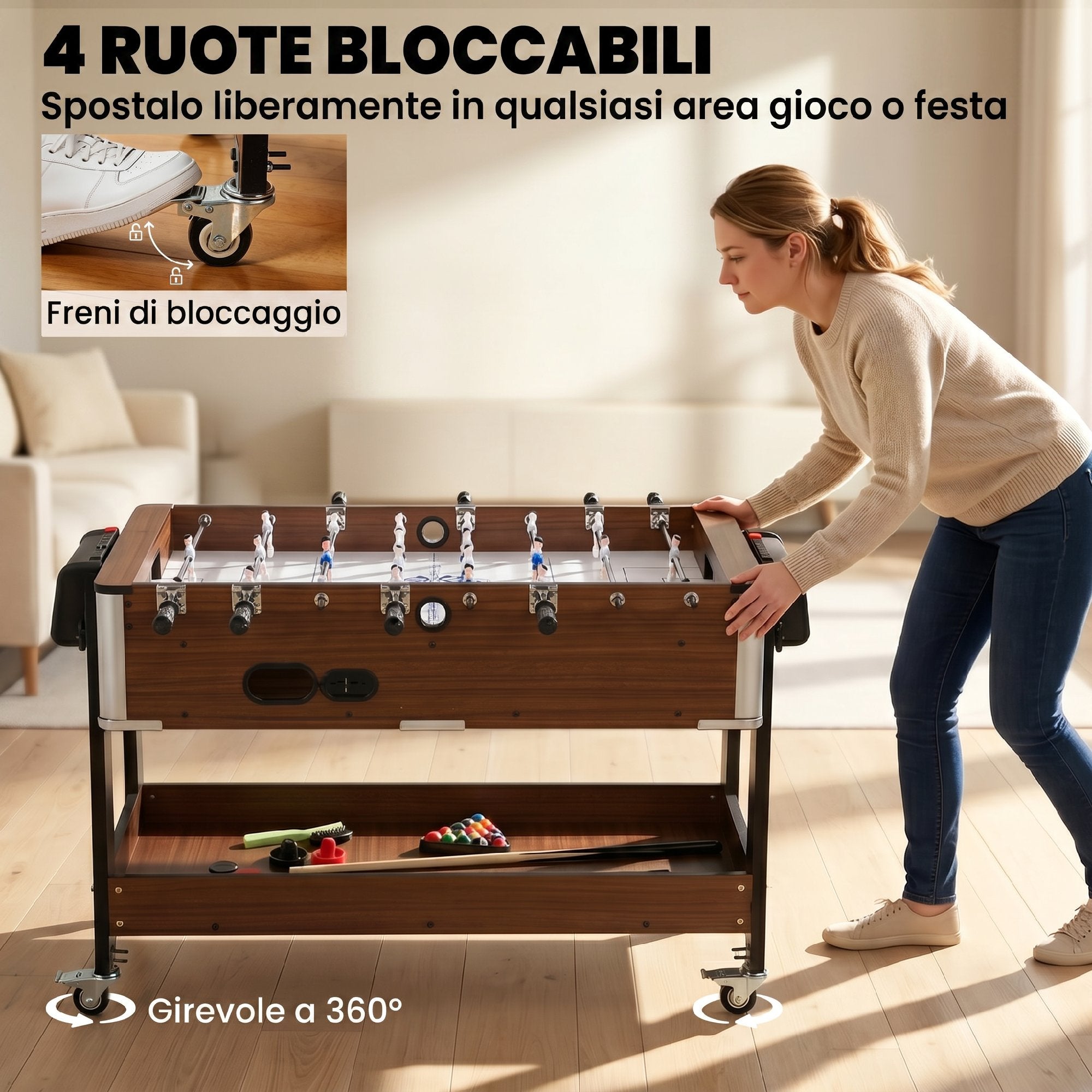 SPORTNOW 3-in-1 Table: Air Hockey, Pool Table, Table Football, Lockable Wheels, Shelf