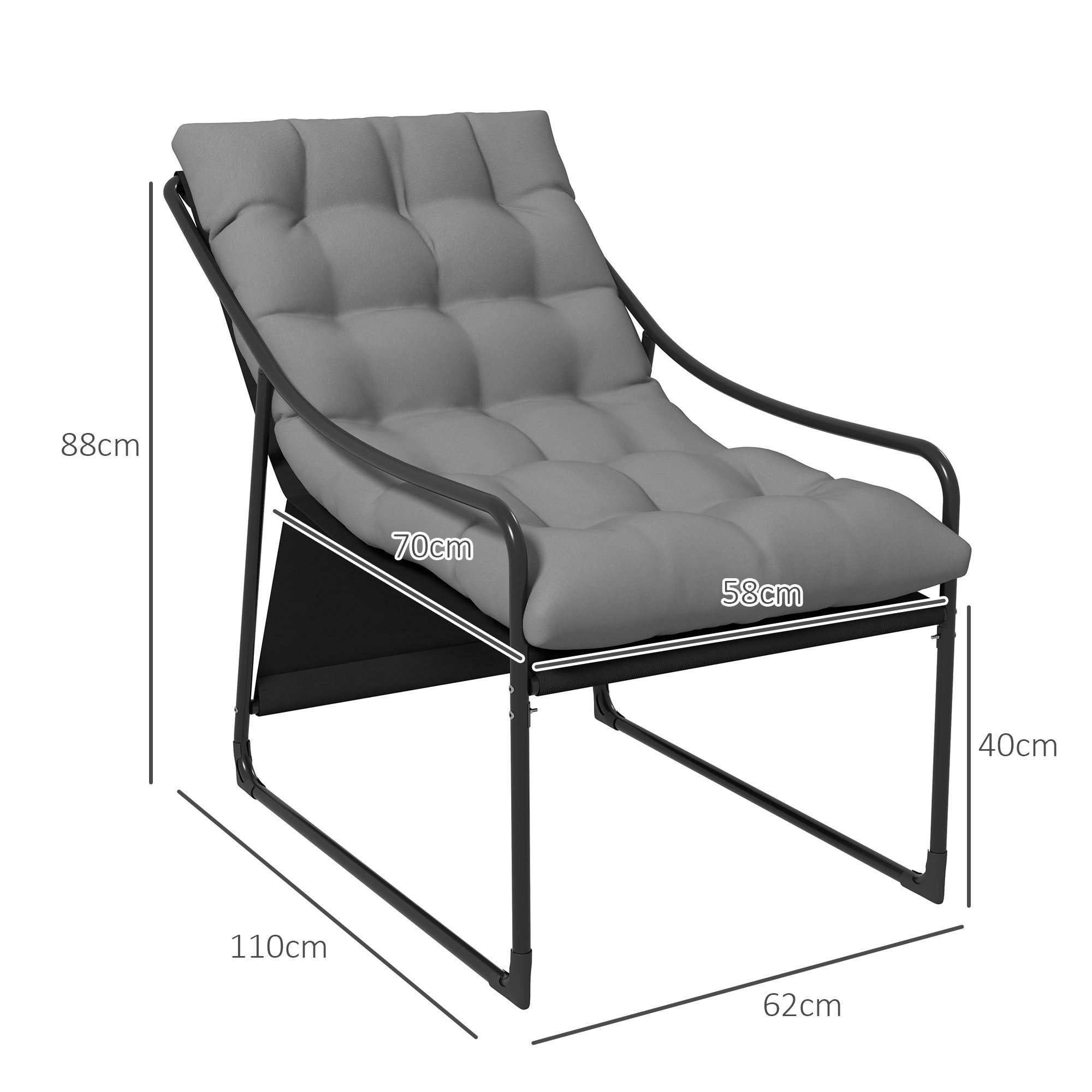 Garden Armchair with Padded Cushion, in Steel and Polyester, 62x110x88 cm, Gray and Black - Borgè