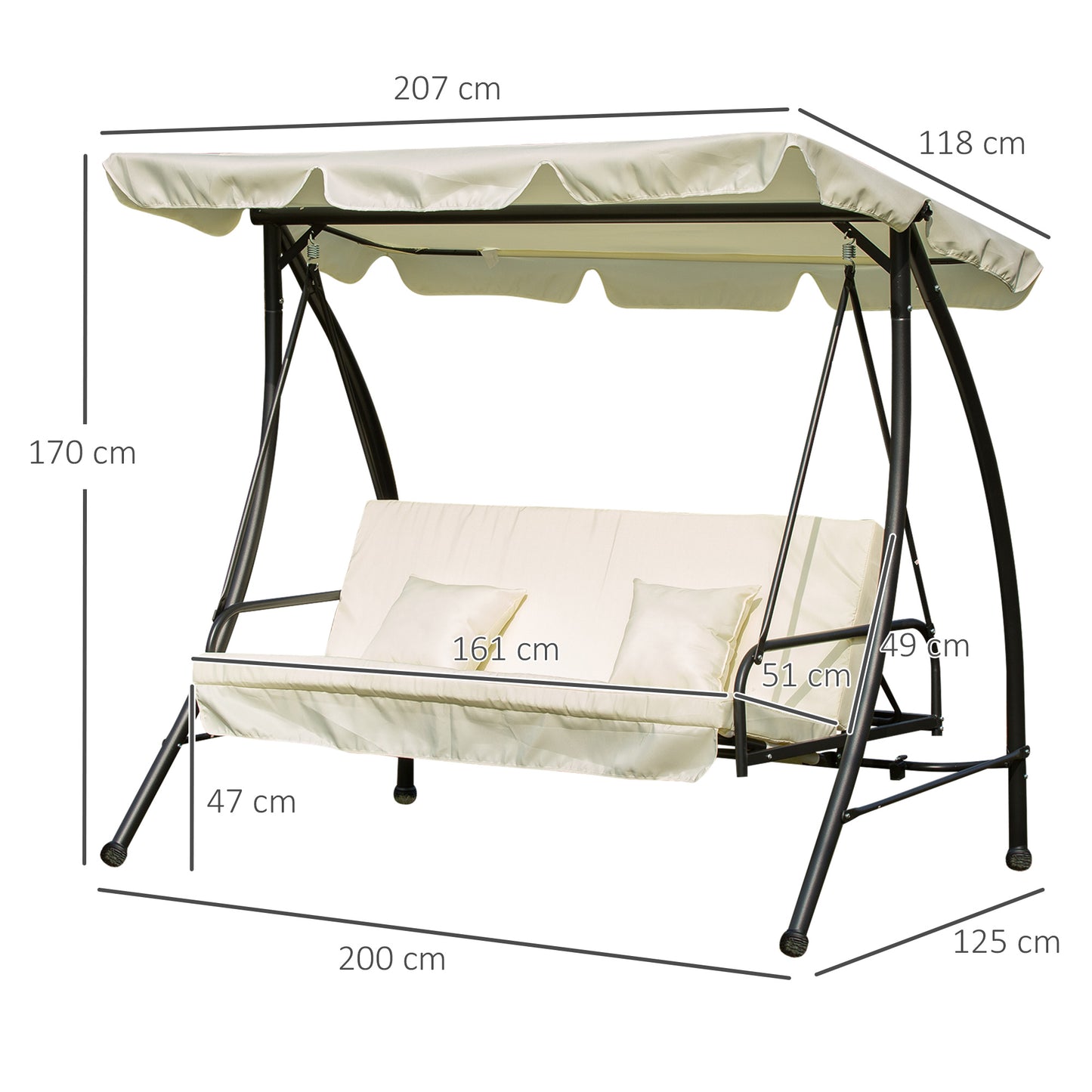 3 Seater Garden Swing Convertible to Bed with Reclining Roof and Cushions, 200x125x170 cm, Cream