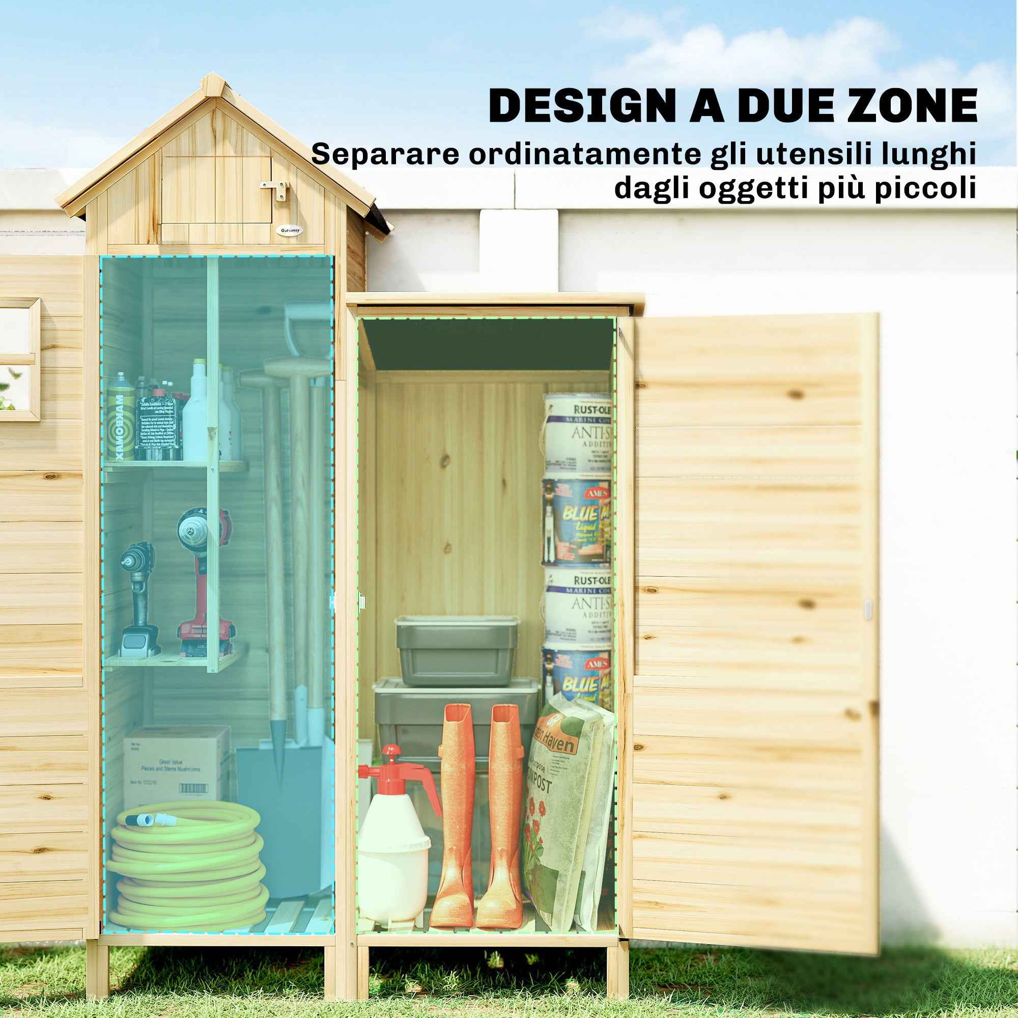 Outsunny 2-Zone Tool Shed with Adjustable Shelves and Window, Fir Wood, 106x57x167 cm, Wood Color