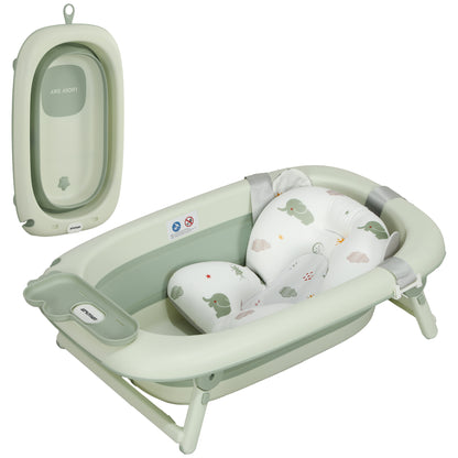 Foldable Baby Bath Tub with Pad and Washbasin, Non-Slip Plastic, 86x53x25.5 cm, Green